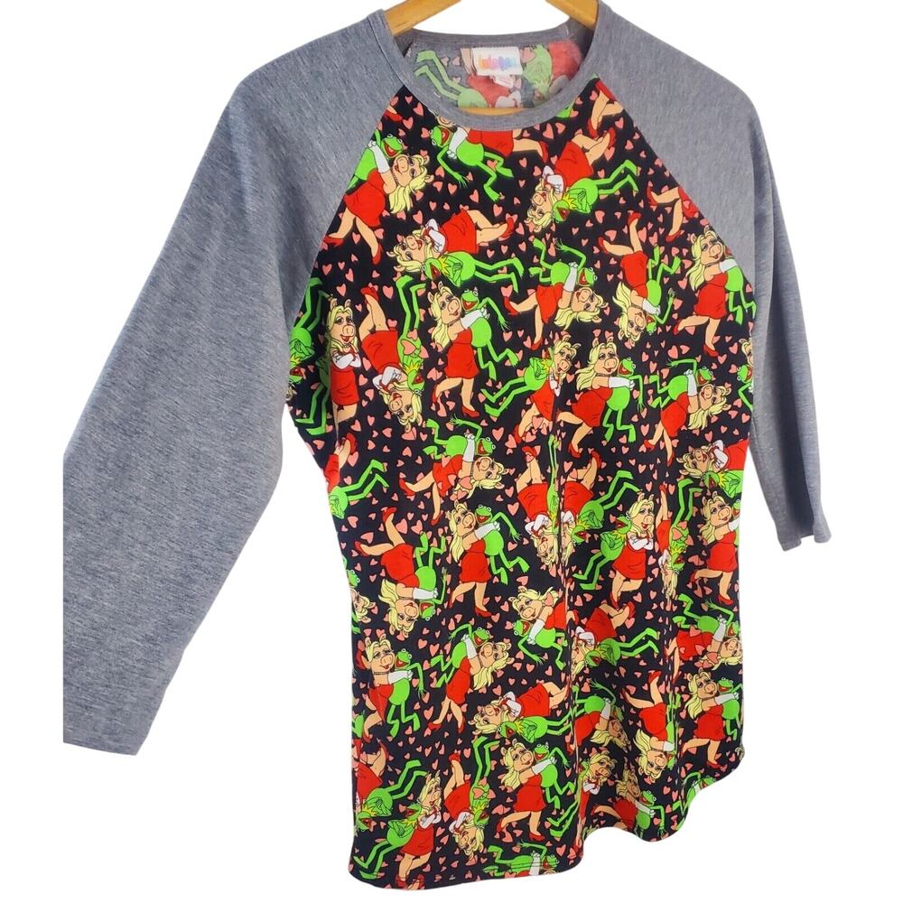 LuLaroe Randy Shirt Size S Kermit Frog Piggy Red Green Raglan Womens Stretch Top
